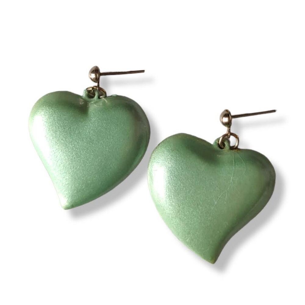 80s pale sea green dangling heart post earrings